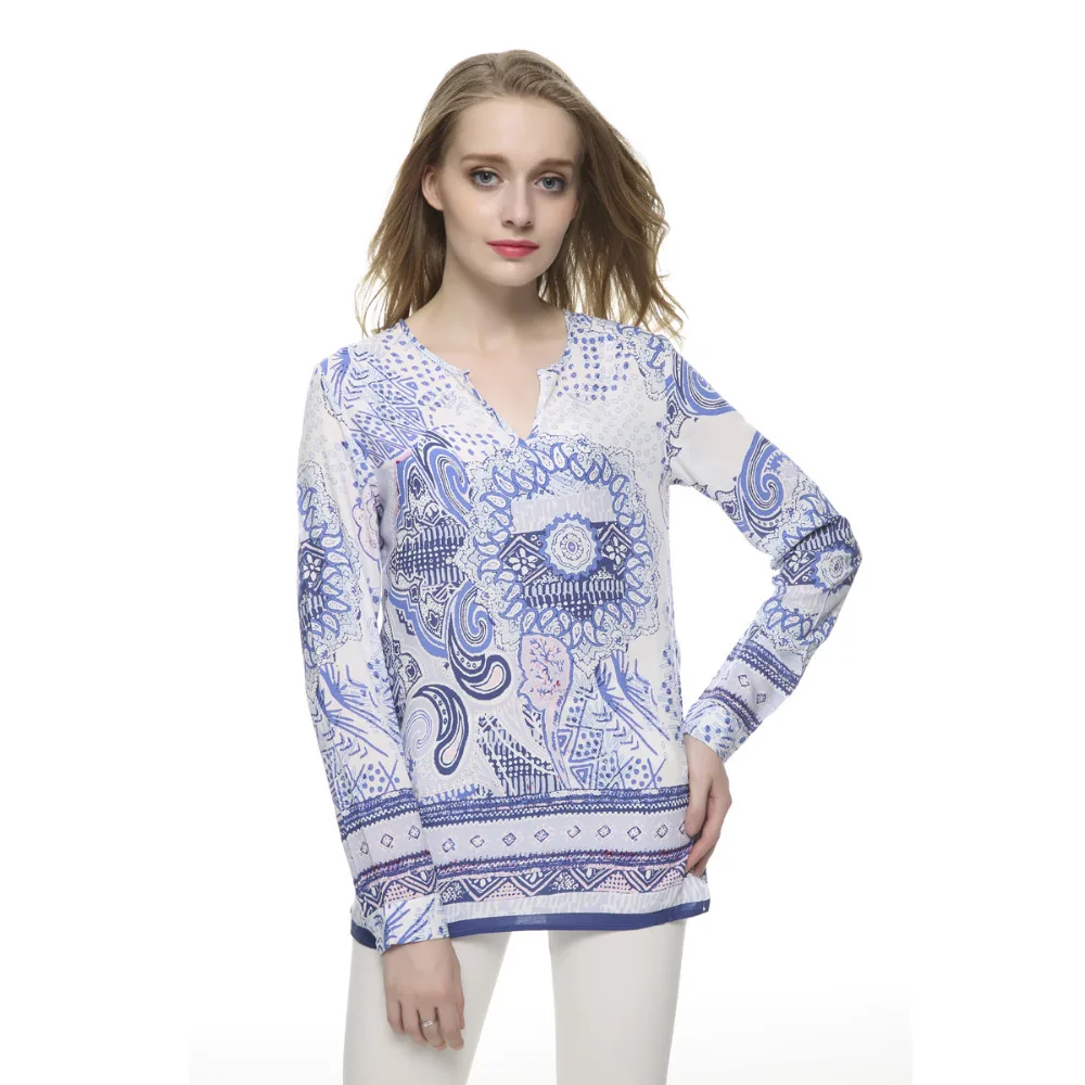 Женские винтажные синие блузки с принтом треугольным вырезом и длинным рукавом