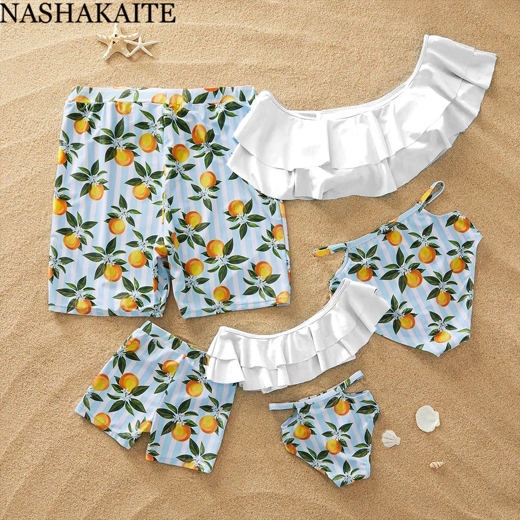 NASHAKAITE купальники для мамы и дочки, оранжевый комплект бикини с принтом арбуза, пляжный купальник «Мама и я», мужские пляжные шорты для мальчиков