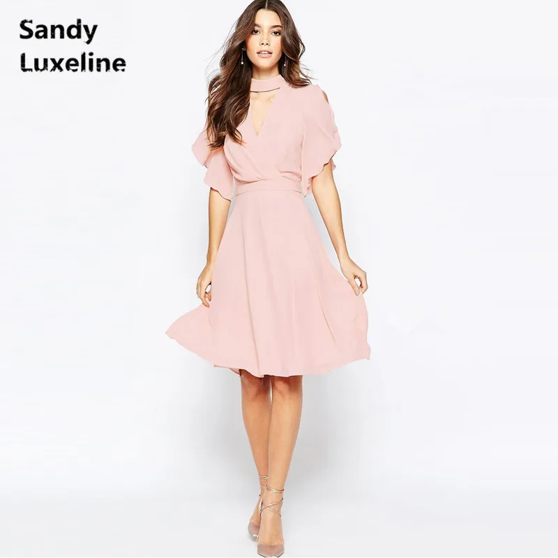 Для женщин летнее платье sexy v шеи Розовые платья Мода бабочка рукава vestido de festa