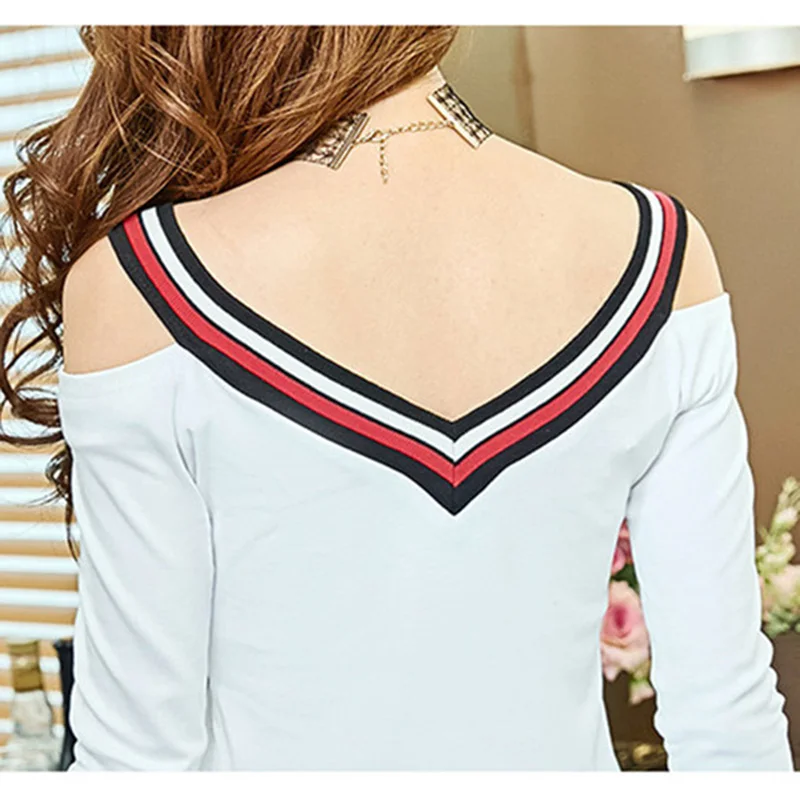 Женская футболка в полоску с длинным рукавом и открытыми плечами 2018|off shoulder top|off the