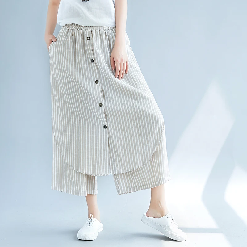 ilstile 2018 Women's Striped Cotton Linen Wide Leg Pants Vintage Summer Casual Loose Calf-Length Elastic Waist Trousers | Женская