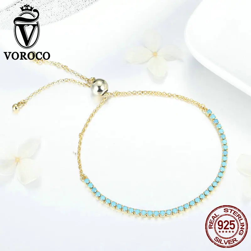 

VOROCO 2019 Bracelet 925 Silver Blue Turquoise Chain Link For Women Fashion Jewelry Bracelet Fine Silver Bracelet BKB118