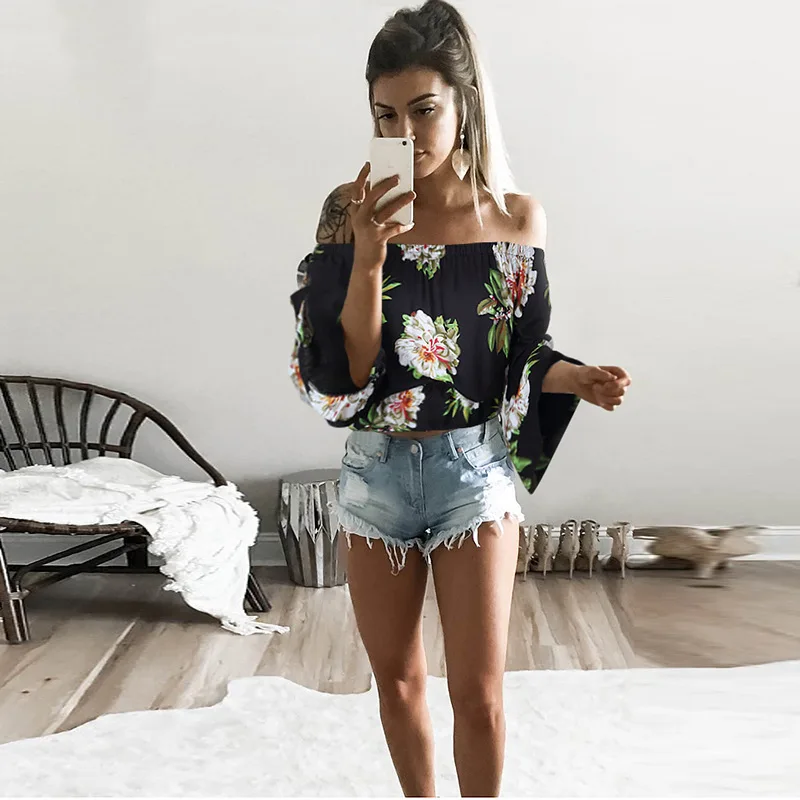 Summe women T-shirt Floral Printing Slash Neck Black White Blue Color Slimming Type Three Quarter Sleeve Women Fashion Wear | Женская