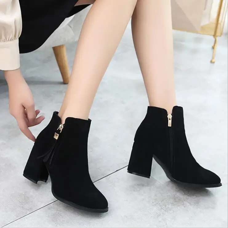 2018 autumn winter The New British style Thick heel Genuine Leather Shoes women Retro Nubuck Pointed Toe Square | Обувь