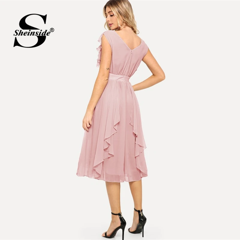 Sheinside, розовое, элегантное, с оборками, платье, для женщин, с высокой талией, на молнии, платье миди,, летнее, v-образный вырез, без рукавов, одноцветное, Драпированное, платья