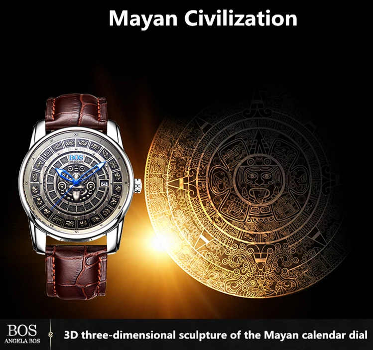 Анжела BOS световой Роскошные Для мужчин часы Ретро стереоскопического Майя