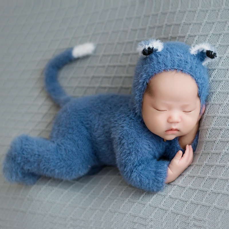 

Newborn Bear Romper Set Knit Fluffy Teddy Bear Hat And Footed Romper Photo Outfit Handmade Baby hooded Onesie Photography Props