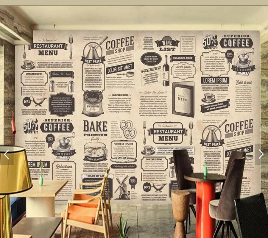 

Custom retro wallpaper, hand drawn Food icon newspaper for living room restaurant coffee shop background wall vinyl wallpaper