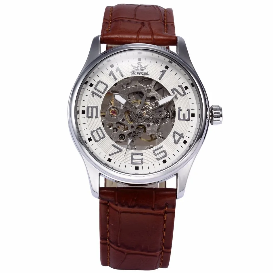 SEWOR Top Brand Black Skeleton Mechanical Watch Men Leather Wristwatches Casual Watches Clock Montre Homme Relogio Masculino | Наручные