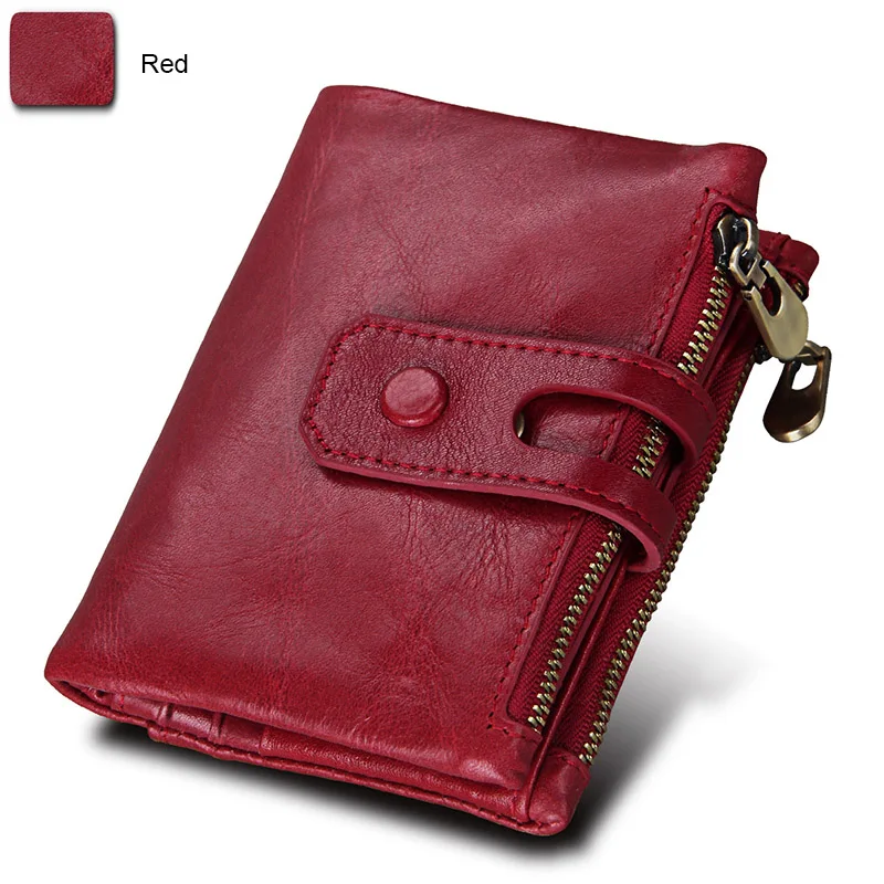 Red ATAXZOME, модный ретро маленький кошелек, кошелек для хранения, натуральная кожа, унисекс, двойная молния, большой объем, короткий кошелек, блок RFID - Цвет: Red