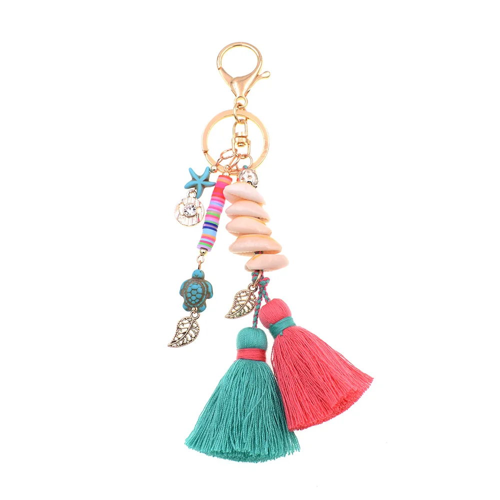 green WELLMORE BOHO Стиль Брелок shandmade shell с длинной кисточкой сплав брелок для женщин девушка сумка брелок - Цвет: green