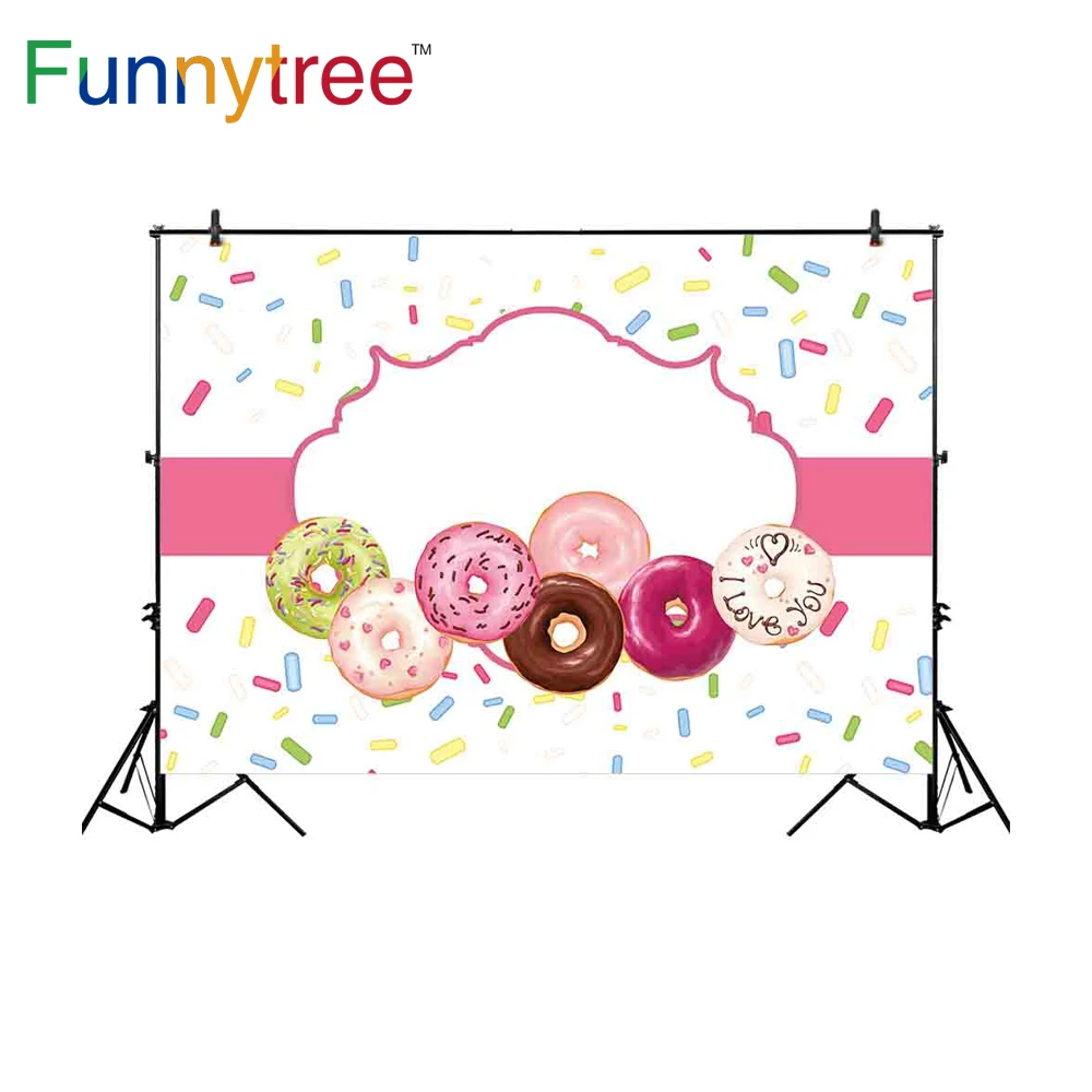 

Виниловый фон для фотосъемки Funnytree с цветными пончиками, десертом, розовой милой рамкой для дня рождения новорожденных, фотосессии на день р...