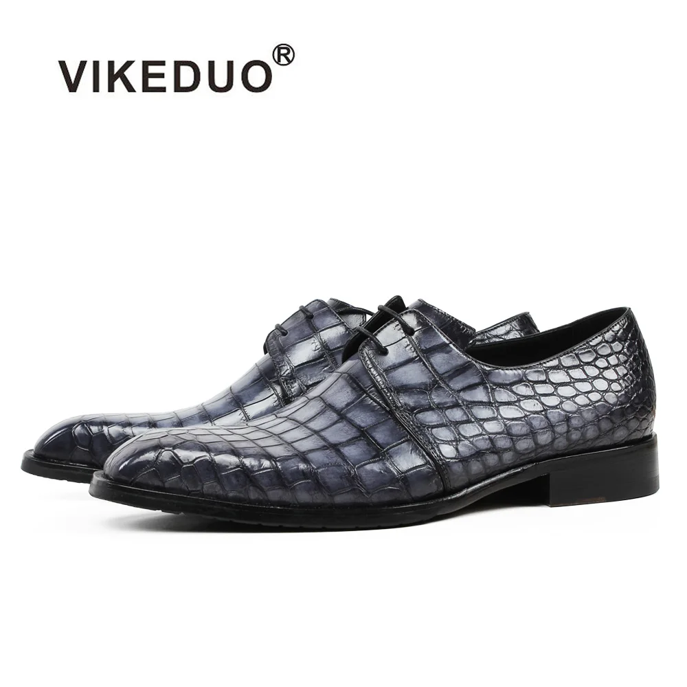 

VIKEDUO 2019 New Men's Derby Dress Shoes Genuine Crocodile Leather Plaid Formal Wedding Office Shoe Male Classic Patina Zapatos