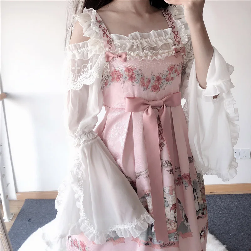 PinkDressWhiteBlouse Пойте колыбельную для вас, женское платье лолиты с высокой талией, роскошное милое школьное платье для девочек, блуза с длинными рукавами и платье лолиты JSK - Цвет: PinkDressWhiteBlouse