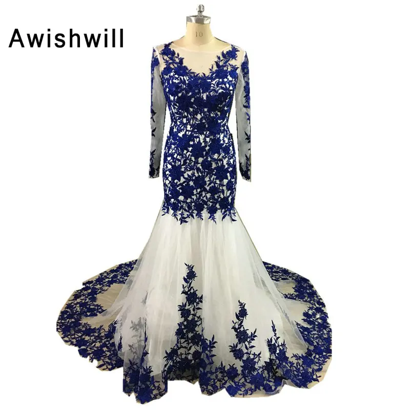 Женское вечернее платье с длинным рукавом синее Тюлевое кружевное со шлейфом