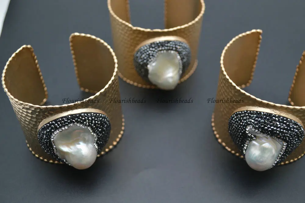 Gold Color Fashion Woman Cuff Bangle Lady Style Paved Crystal and Baroque Pearl Beads on Surface Party Bracelet | Украшения и
