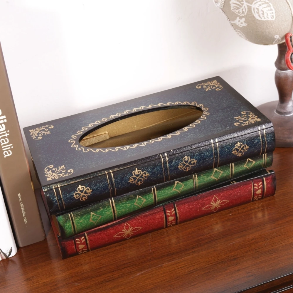 

Wooden Tissue Box Cover Antique Book Design Bathroom Facial Tissue Holder Dispenser Novelty Napkin Holder