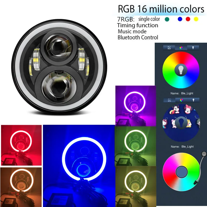 Для Land Rover 90/110 Defender RGB Halo 7-дюймовые светодиодные фары для Jeep Wrangler JK Phone App control Headlight