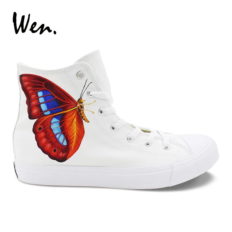 

Wen Original Design Butterfly Hand Painted Canvas Shoes White High Top Vulcanize Shoes Men Women Plimsolls Sneakers Lacing Flat