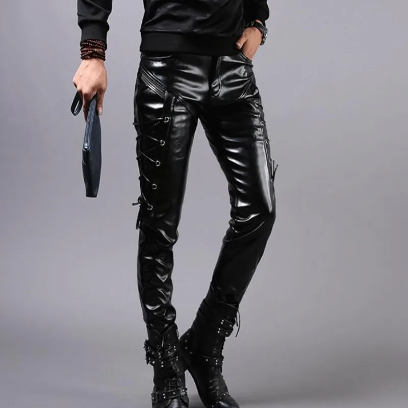 Мужские брендовые облегающие брюки из искусственной кожи прямые в итальянском