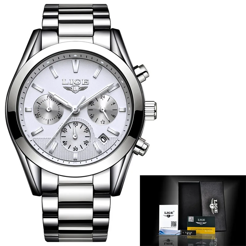 Silver white S Relojes Hombre LIGE мужские часы Лидирующий бренд Роскошные коричневые кожаные деловые кварцевые часы мужские военные спортивные водонепроницаемые часы - Цвет: Silver white S