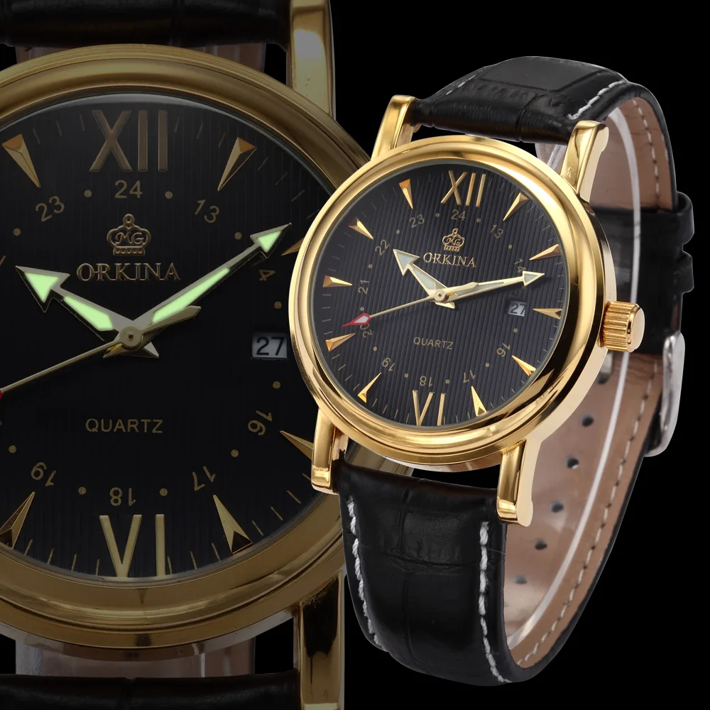Часы ORKINA мужские аналоговые коричневые из натуральной кожи с ремешком|masculinos