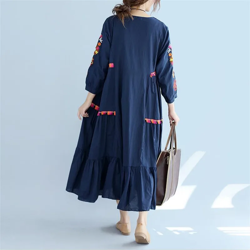 Женское винтажное платье с вышивкой повседневное свободное из хлопка и льна