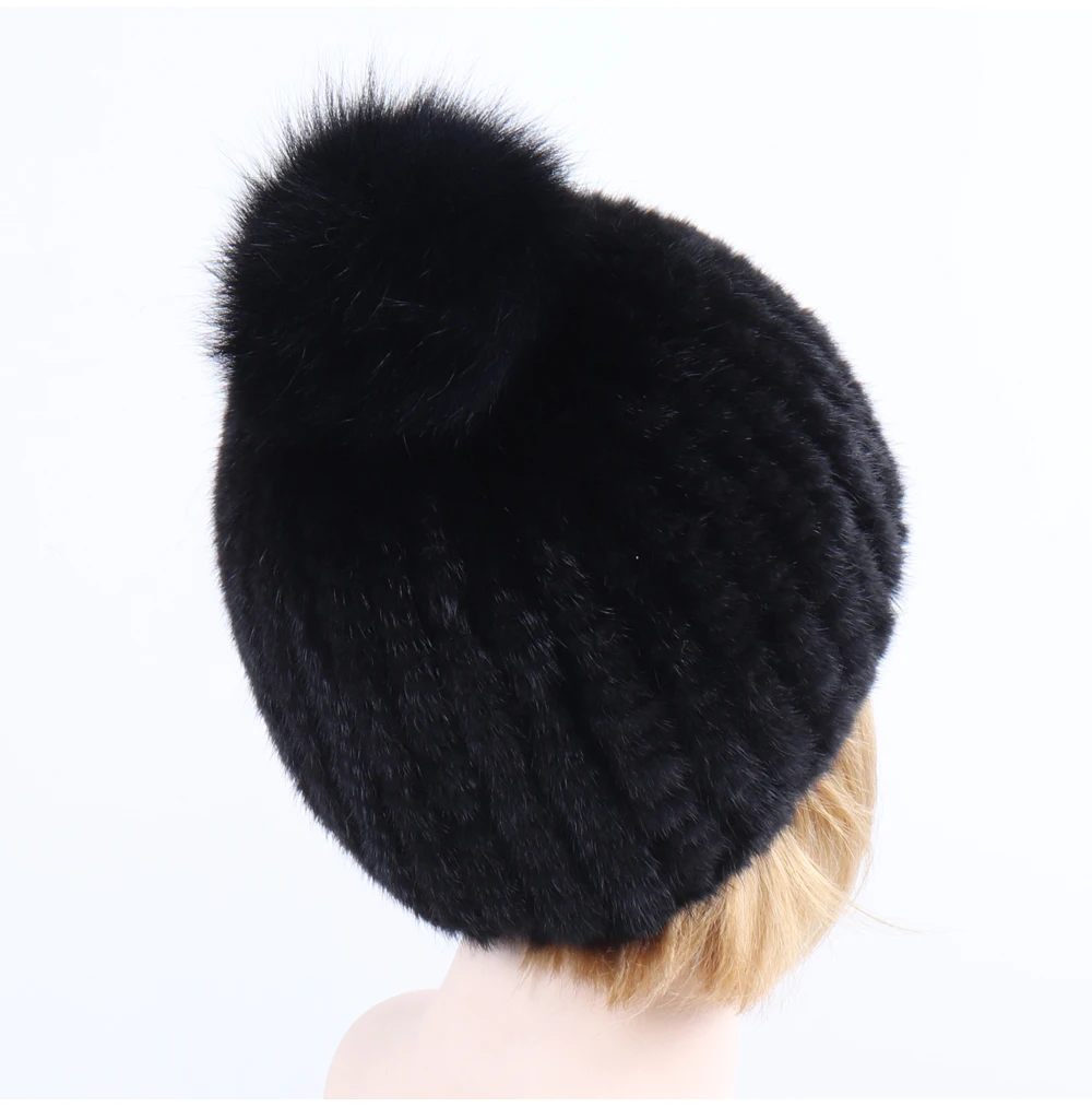 Горячая Распродажа, шапка из натурального меха норки, женские зимние вязаные шапочки с мехом норки, шапка с помпонами из лисьего меха, новинка, толстая женская Норковая меховая шапка s