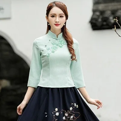 green Женская зеленая блуза Cheongsam в китайском стиле, повседневная одежда guzheng с рукавом в древнем стиле, рубашки Qipao, топы летнего размера плюс - Цвет: green