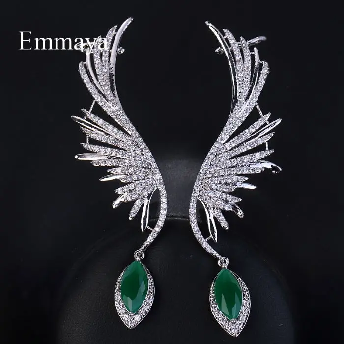 Emmaya, трендовые серьги для невесты, крылья ангела, висячие, AAA, кубический цирконий, белый, зеленый цвет, серьги для женщин, девушек, подарки, вечерние - Окраска металла: Зеленый