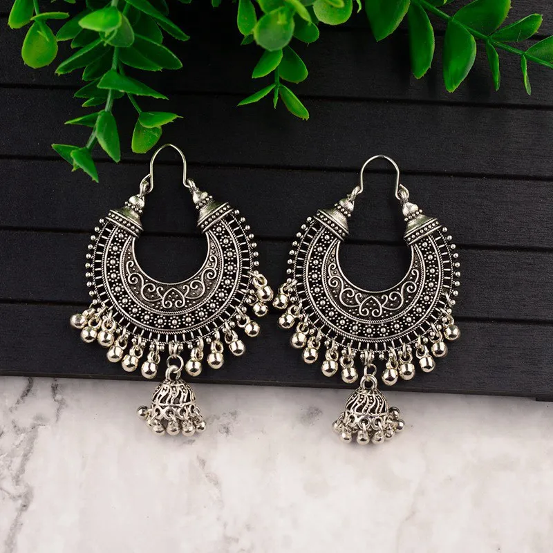 Классические этнические серьги в виде капель воды Jhumka, женские винтажные резные турецкие Серебряные Колокольчики с кисточками, индийские турецкие ювелирные изделия, Женские Ювелирные изделия