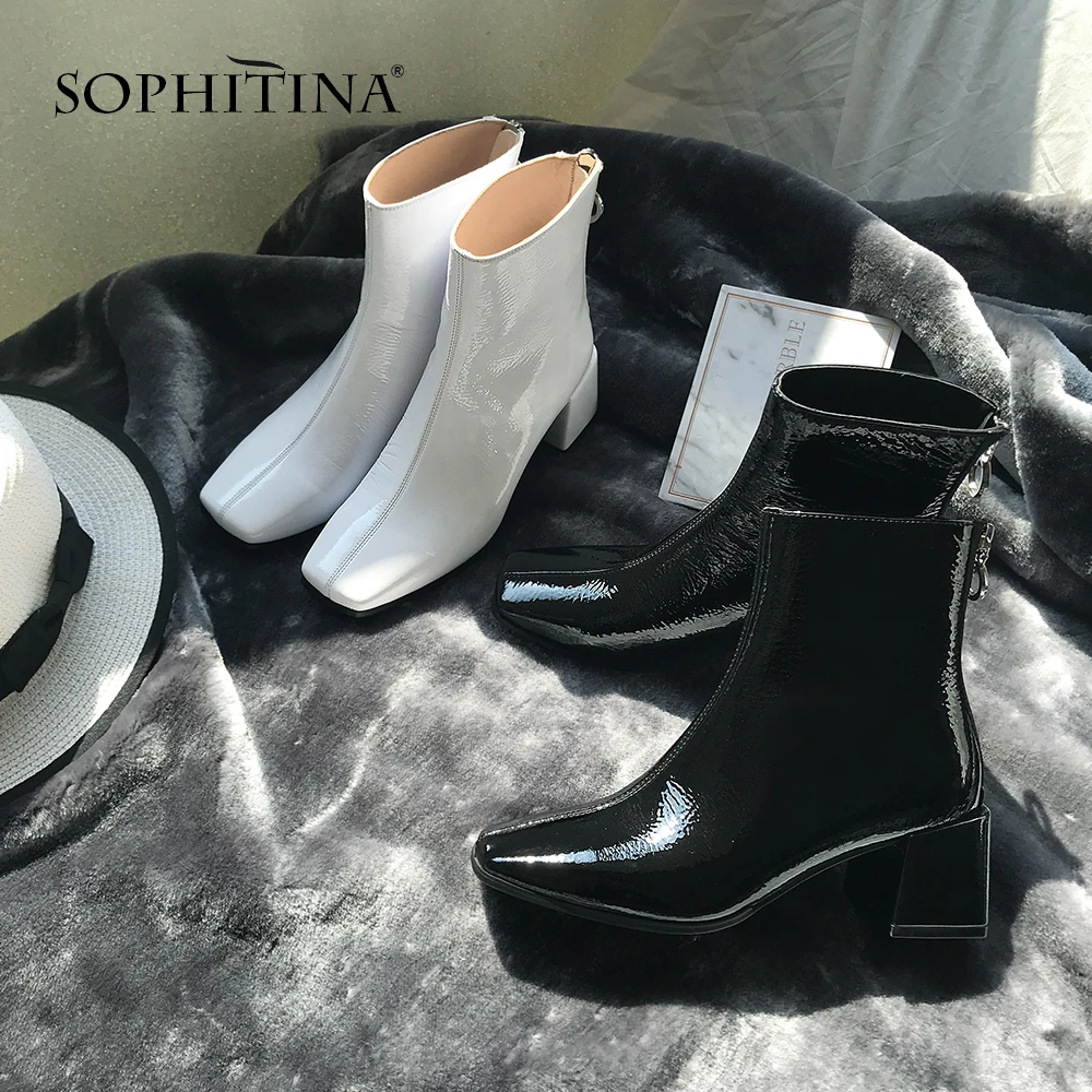 SOPHITINA/Модные женские ботильоны на среднем квадратном каблуке с квадратным носком. Повседневная обувь с молнием сзади на среднем квадратном каблуке.Однотонные Ботинки женские из натуральной кожи ручной работы.SO198