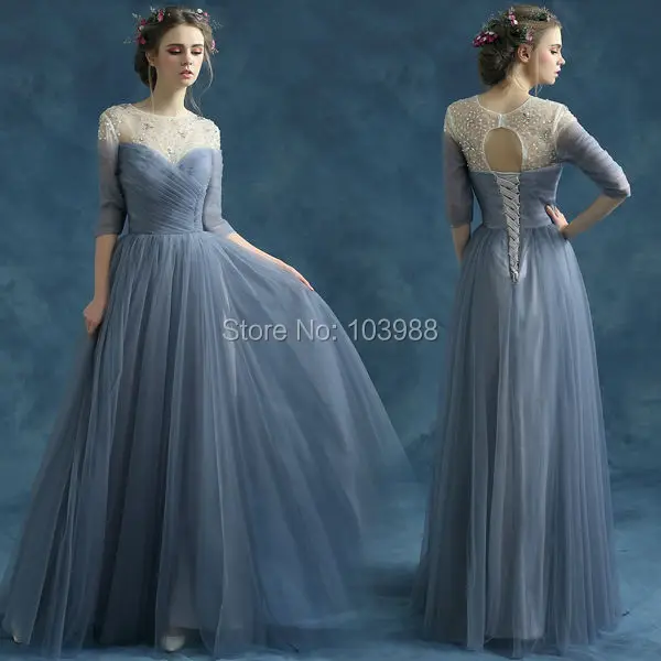 Серое голубое вечернее платье Новая мода перспектива без спинки Бисероплетение