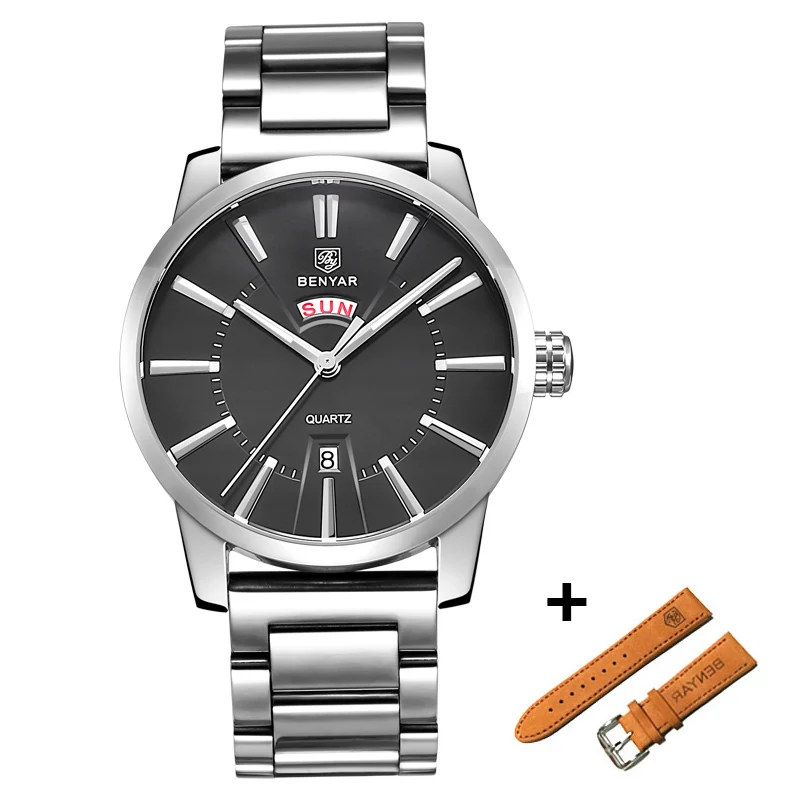 Steel Silver Black BENYAR часы набор для мужчин бизнес Кварцевые часы Модные Аналоговые роскошные мужские кожаные Наручные часы водонепроницаемые часы Montre Homme - Цвет: Steel Silver Black