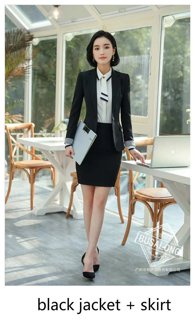 Black Blazer Skirt Костюм женский брючный костюм женский костюмы женские женский костюм Женский костюм для работы, костюм для офиса комплект из 2 предметов, Блейзер, женские деловые штаны, черное пальто, брюки, осень - Цвет: Black Blazer Skirt
