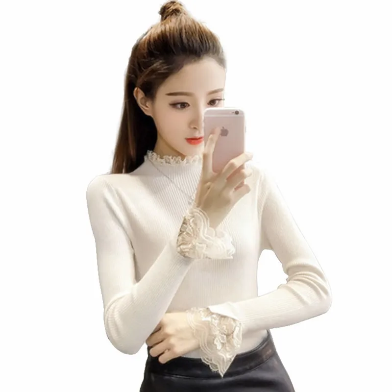 2018 autumn and winter new Korean version of the slim long-sleeved lotus leaf collar solid color lace bottoming sweater swe |