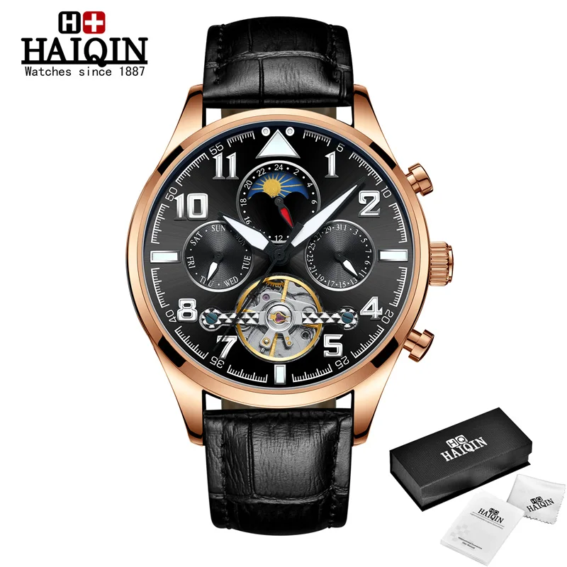 Gold black L HAIQIN, мужские часы, механические мужские часы, Топ бренд, Роскошные автоматические часы, мужские золотые наручные часы, мужские турбийон, Reloj hombres - Цвет: Gold black L