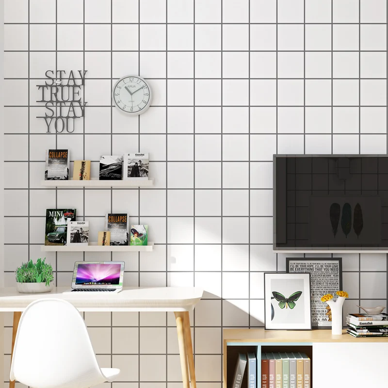 

Simple fashion thick non-woven wallpaper clothing store restaurant living room Korean black and white plaid wallpaper