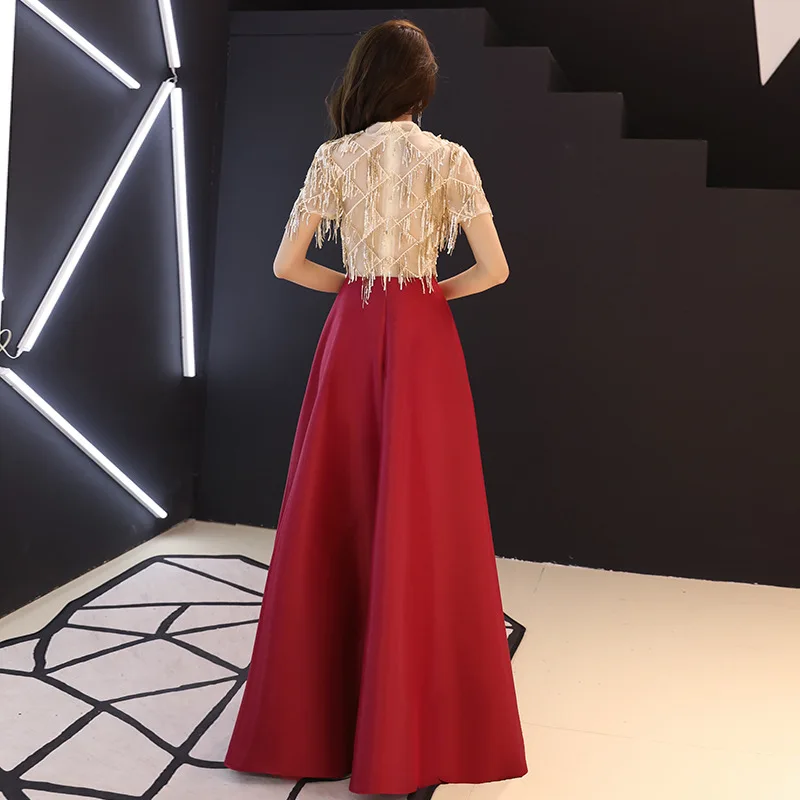 

Elegant Dress Women Sexy Sequins Tassel Bride Party Dresses Vintage Stand Collar Short Sleeve Long Dress vestidos robe jurken