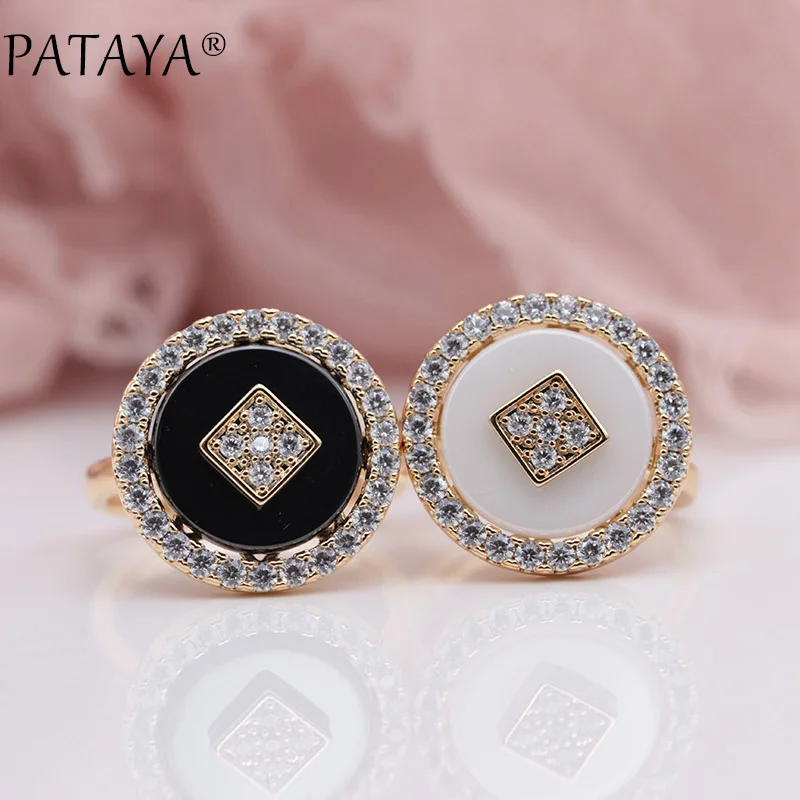 PATAYA, новинка, микро воск, инкрустация, натуральный циркон, черный, белый цвет, керамика, кольца для женщин, 585, розовое золото, свадьба, роскошный цветок, романтическое ювелирное изделие