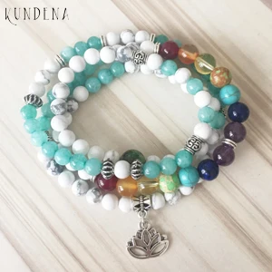 Calm japa цветок лотоса 7 Чакра howlite турмалин браслет для женщин бисера 108 мала для медитации мала обертывание браслет - Окраска металла: As pic show