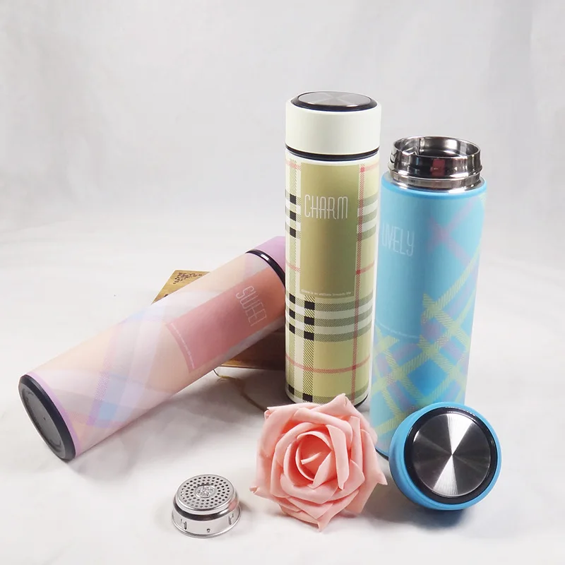 Creative Plaid Double Wall Vacuum Flask Thermos Bottle 304 Stainless Steel Thermal Insulation Cup Student Withe Pink Blue 450Ml | Дом и сад