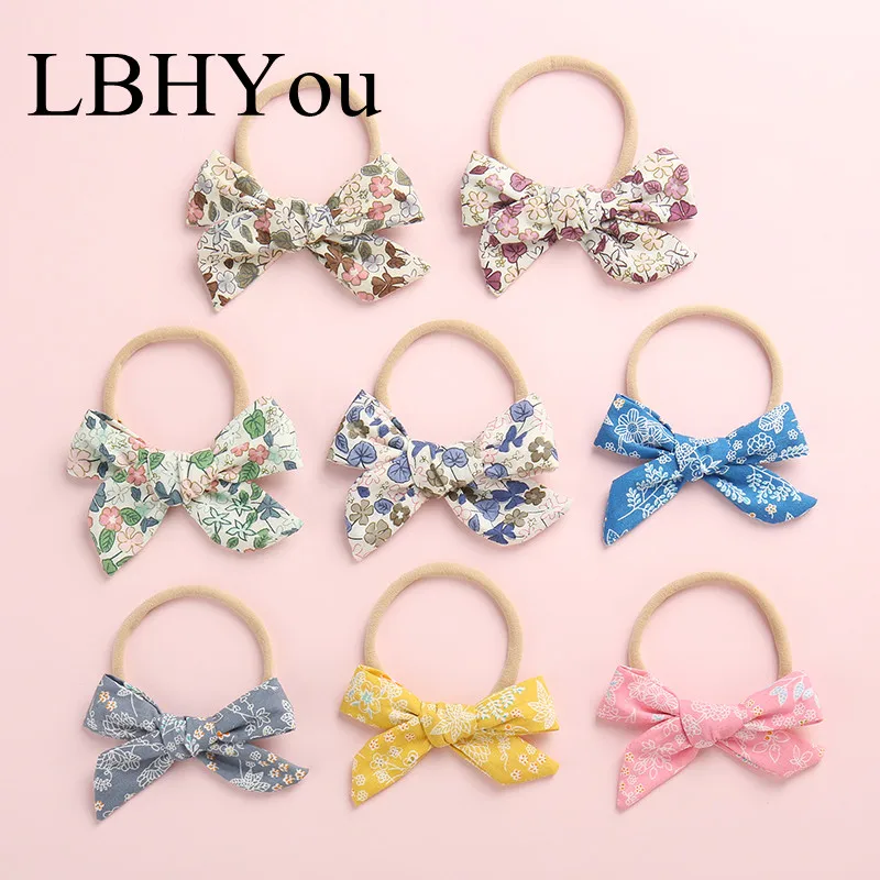 

1PCS Spring Summer Handtie Bows Nylon Headbands,Floral Print Cotton Fabric Girls Nylon Hairbands,School Girls Bow Hair Accessory