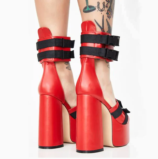 Cheap Price Red Black Leather Women Square Heels Sandals Big Ankle Strap Thick Platform Summer Shoes Chunky | Обувь