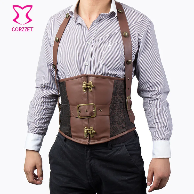 Корсет на бретельках из коричневой кожи и парчи готический корсет в стиле