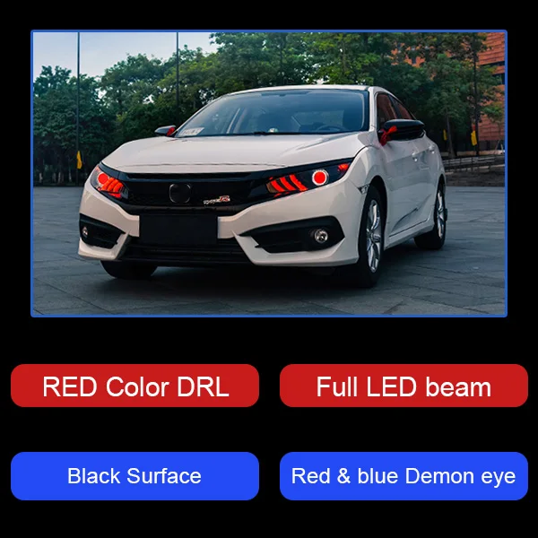 AKD Тюнинг автомобилей фары для Honda CIVIC X G10 Mustang светодиодные фары DRL ходовые огни Биксеноновые лучевые Противотуманные фары с ангельскими глазками - Цвет: Red DRL Full LED