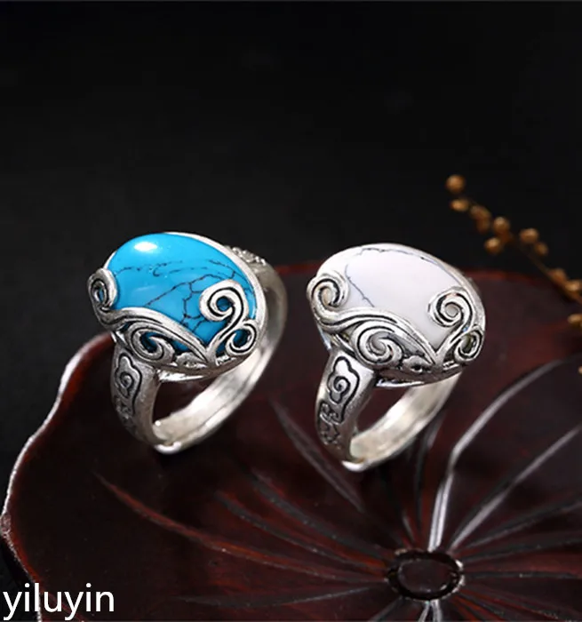

KJJEAXCMY Boutique jewelry S990 pure silver, antique, auspicious, blue, white, loose stone, open ring, lady, Korean, sterling si