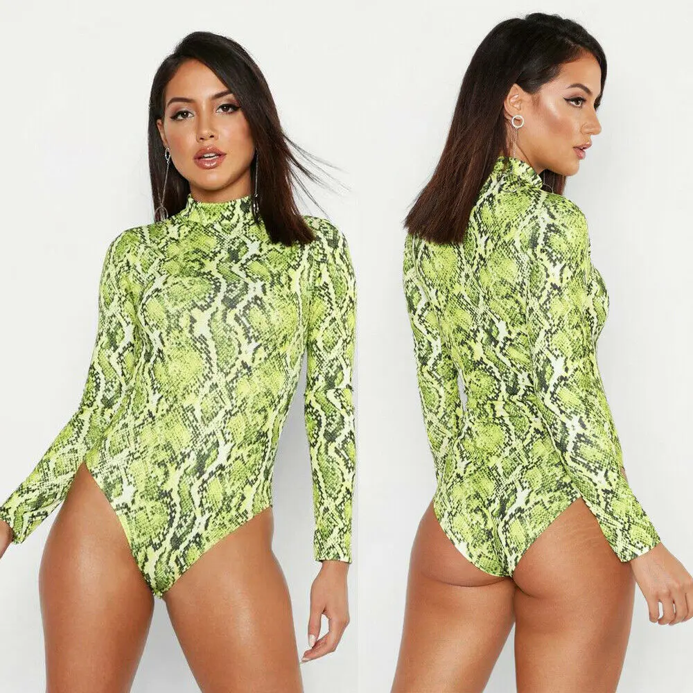 Women Sexy Snake Print Long Sleeve Summer Romper Top Clubwear Party Jumpsuit Bodysuit White Brown Green | Женская одежда