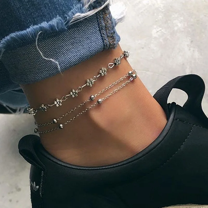 

pack of 2 vintage metal embossed heart pendant beach anklets with beads
