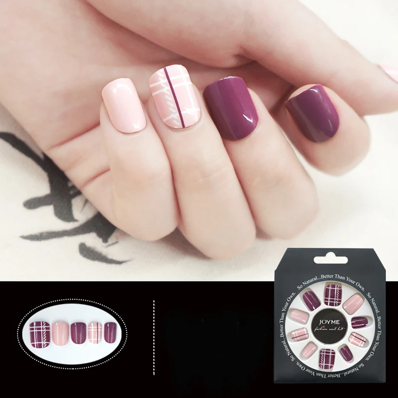24 шт./компл. короткие накладные ногти с двусторонней лентой розово фиолетовые